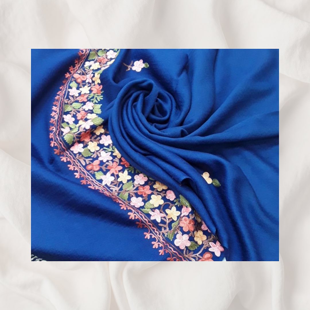Royal Blue Kashmiri Pashmina Shawl with Multi-Color Floral Aari Embroidery