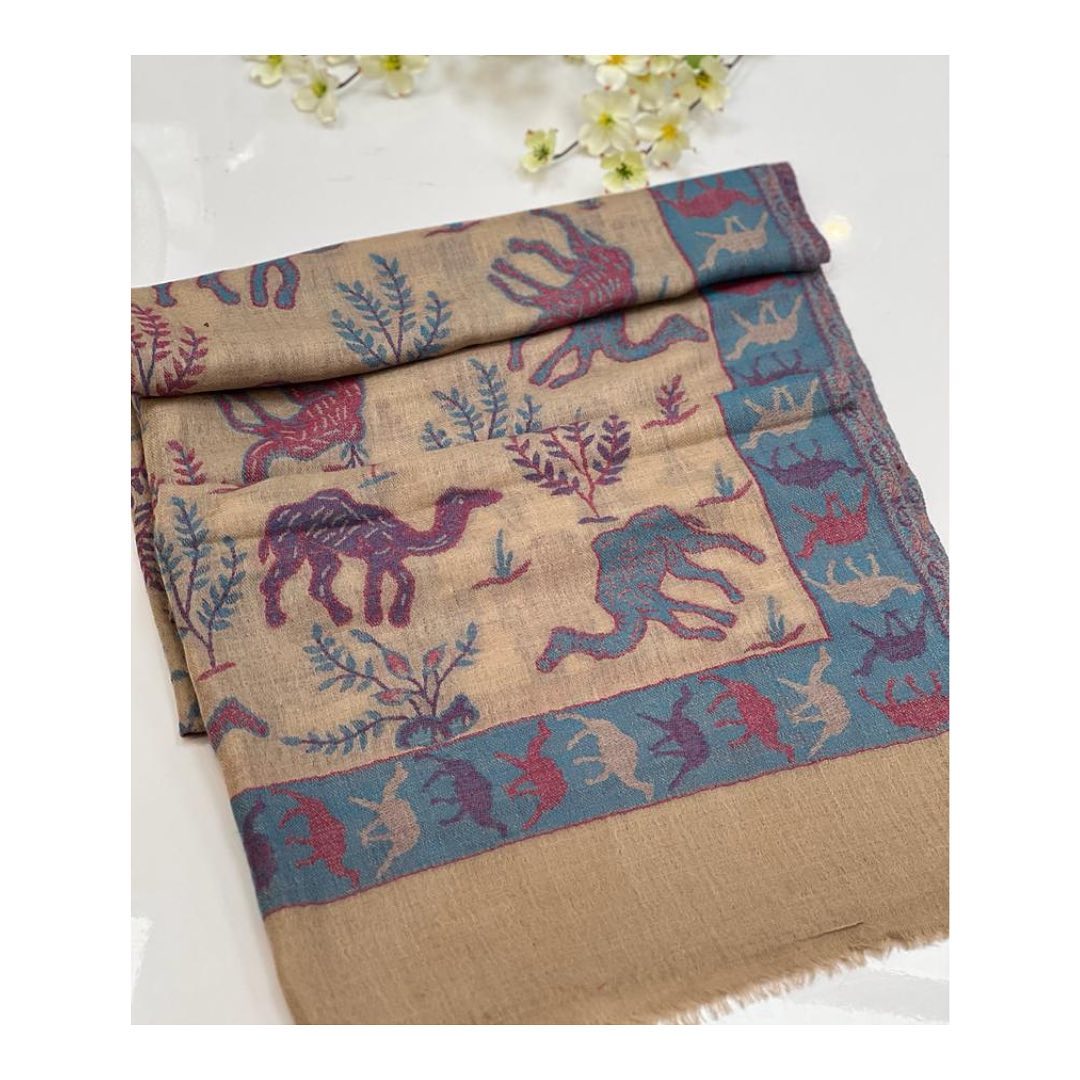 Desert Caravan Camel Motif Woven Shawl – Beige & Teal Bohemian Scarf