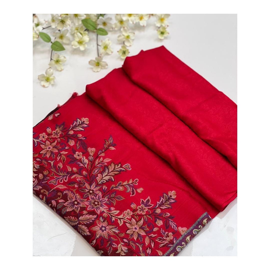 Crimson Red Embroidered Floral Vine Scarf