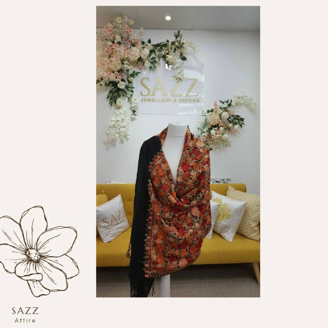 Black Pashmina Shawl with Full Multicolored Floral Border Embroidery