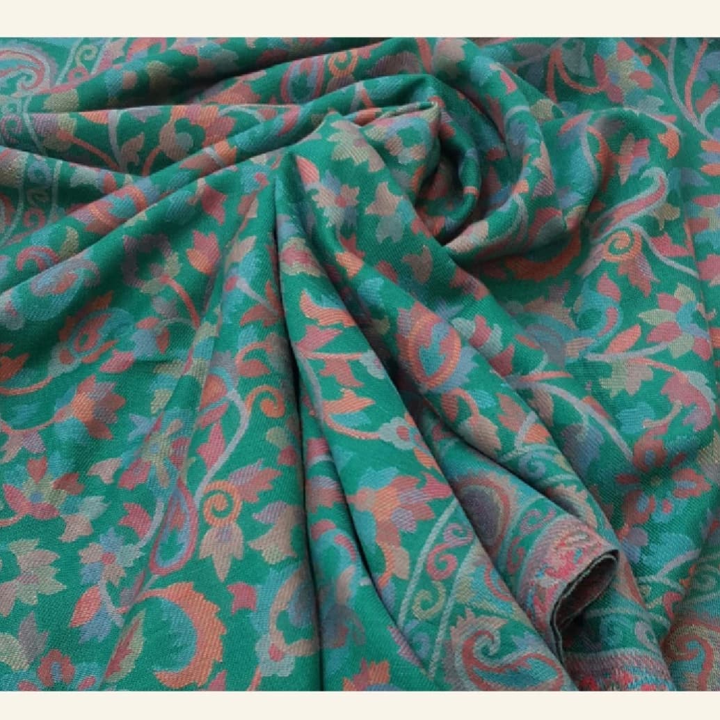 Emerald Green Kashmiri Jamawar Silk Shawl with Floral Paisley