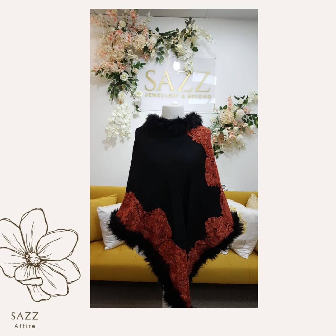 Midnight Black & Rust Orange Floral Appliqué Poncho