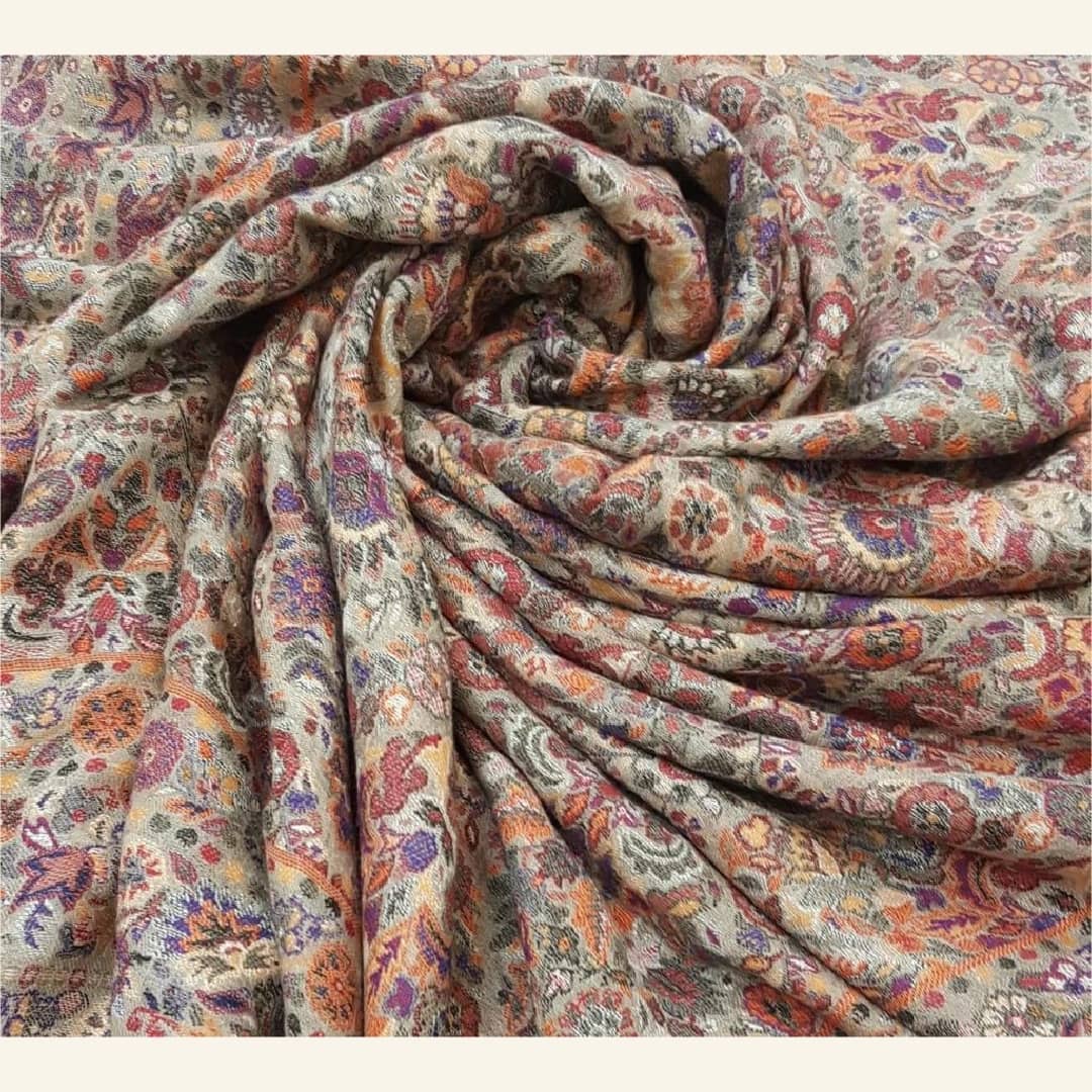 Vintage Multi-Color Jaal Embroidery Woolen Shawl in Beige