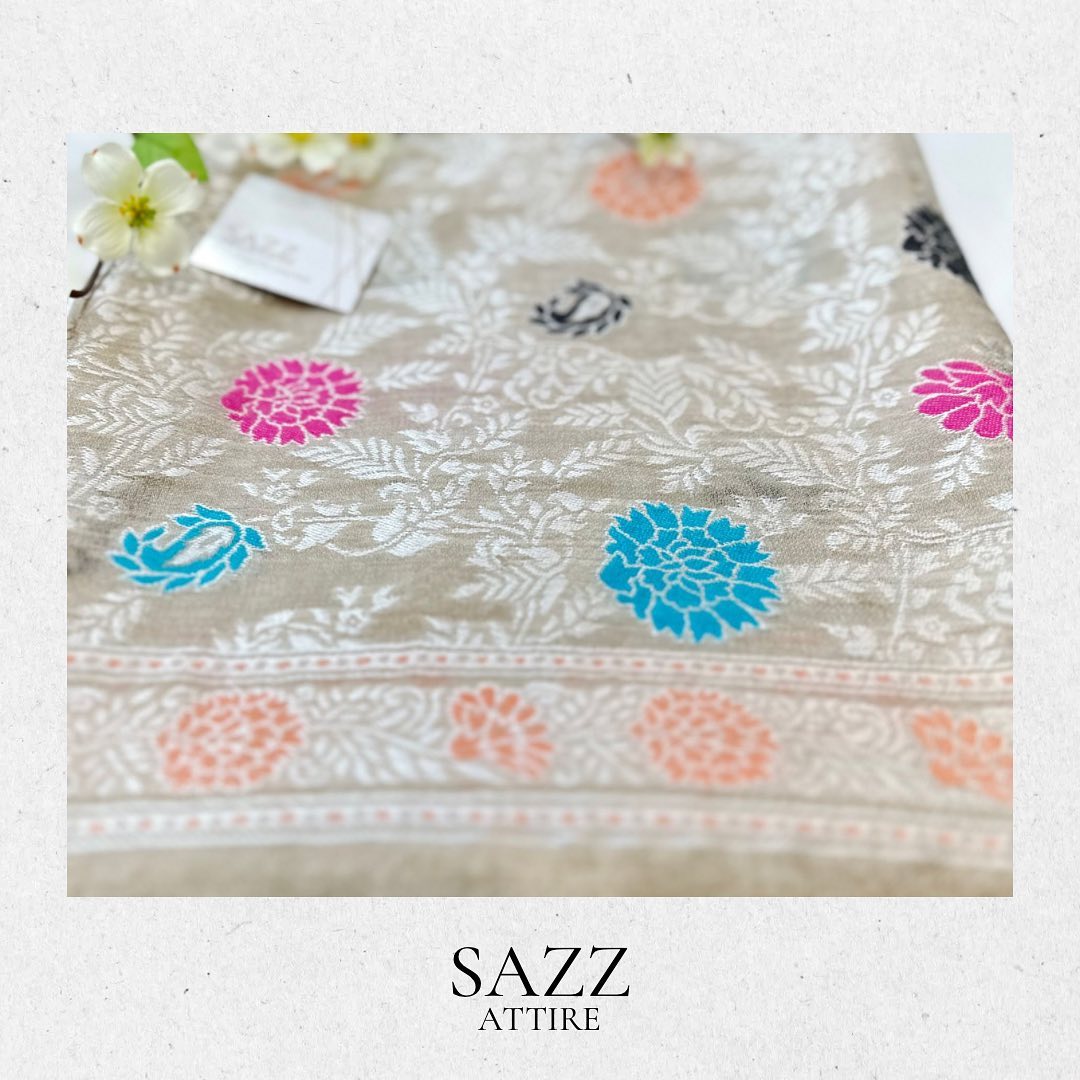 Champagne Gold Shimmer Stole with Vibrant Pink & Blue Floral Accents