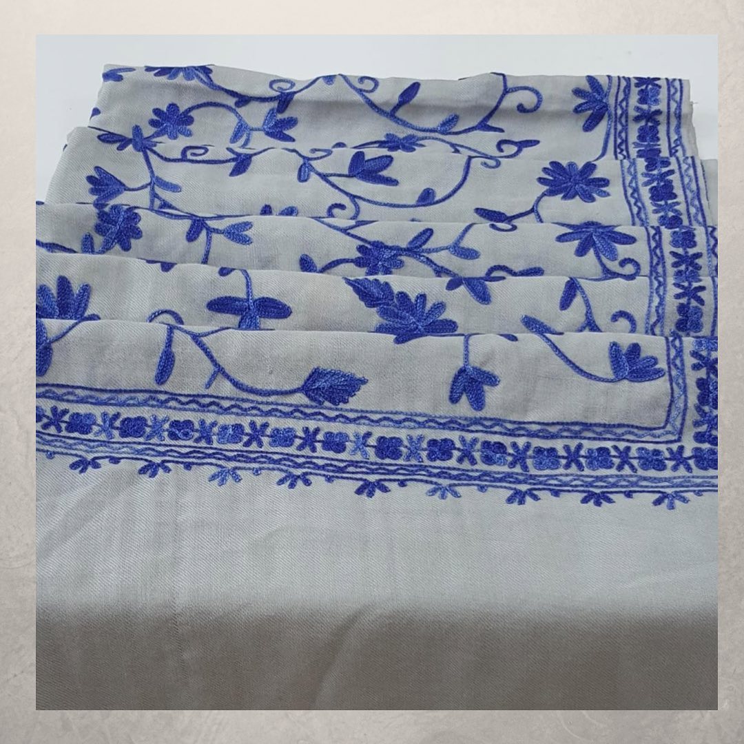 Silver Grey Minimalist Wrap with Electric Blue Floral Border Embroidery