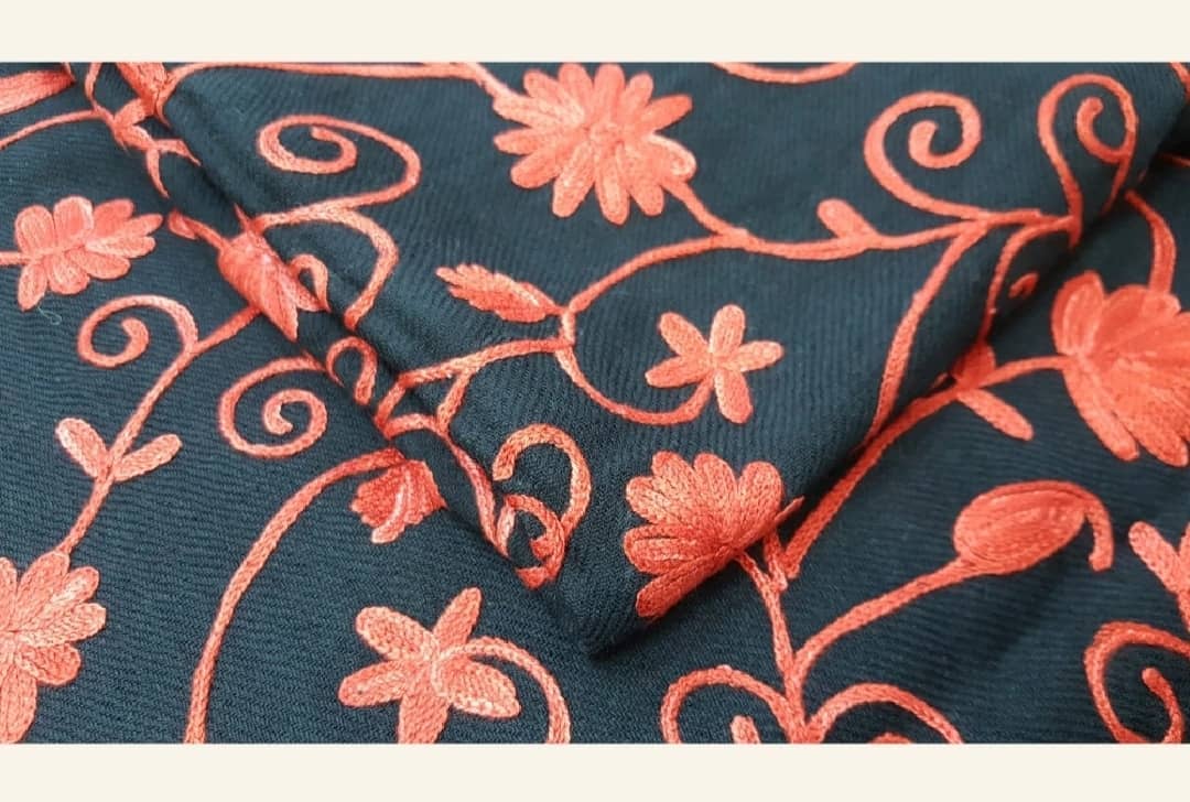 Jet Black Woolen Stole with Vibrant Coral Floral Aari Work
