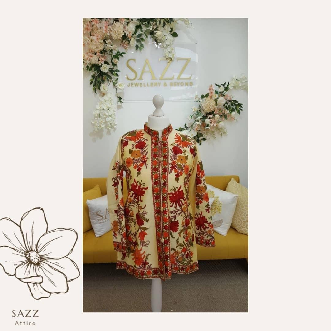 Cream Ivory Kashmiri Floral Embroidered Short Coat – Festive Red & Orange