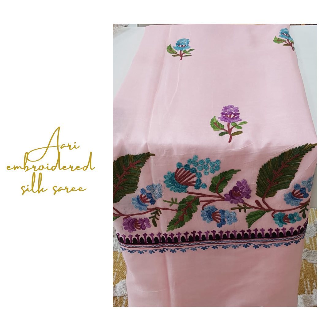 Blush Pink Silk Saree with Pastel Floral Aari Needlework