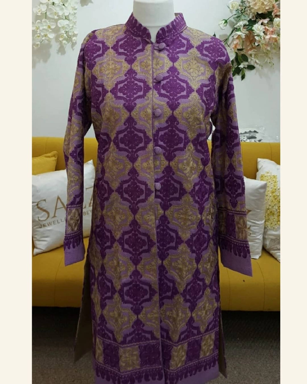 Royal Purple Aari Embroidered Woolen Long Jacket – Geometric Damask Motif