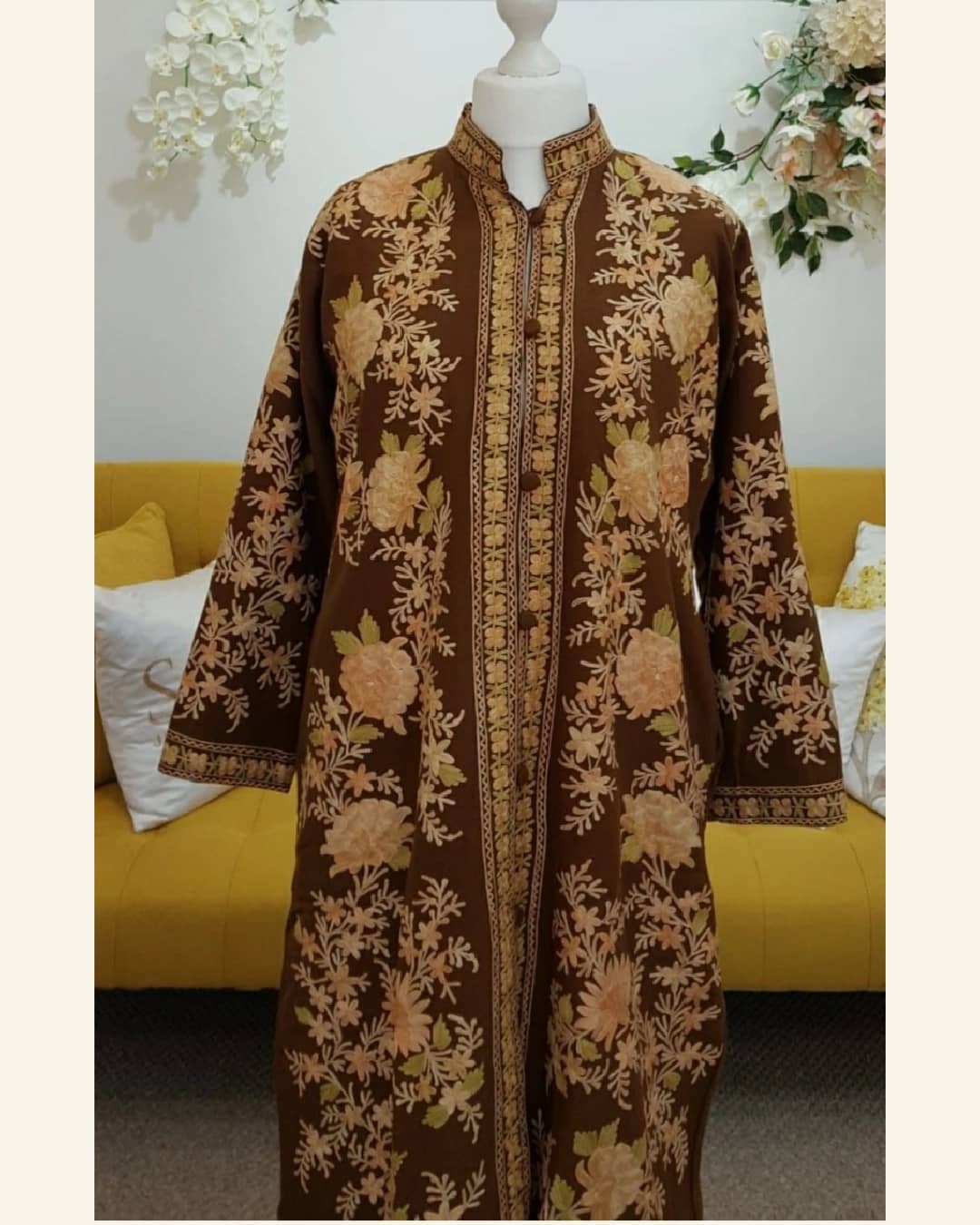 Autumn Brown Aari Floral Embroidered Long Woolen Jacket