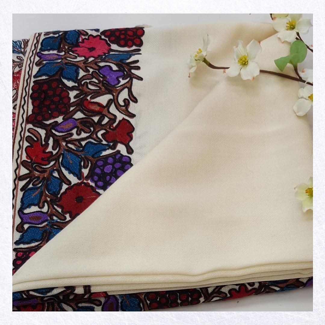 Elegant Cream Shawl with Multicolored Floral Vine Border