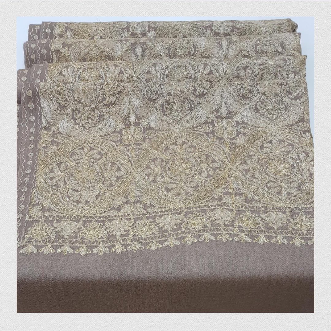 Taupe Elegance Sozni Embroidered Shawl - Intricate Paisley Border