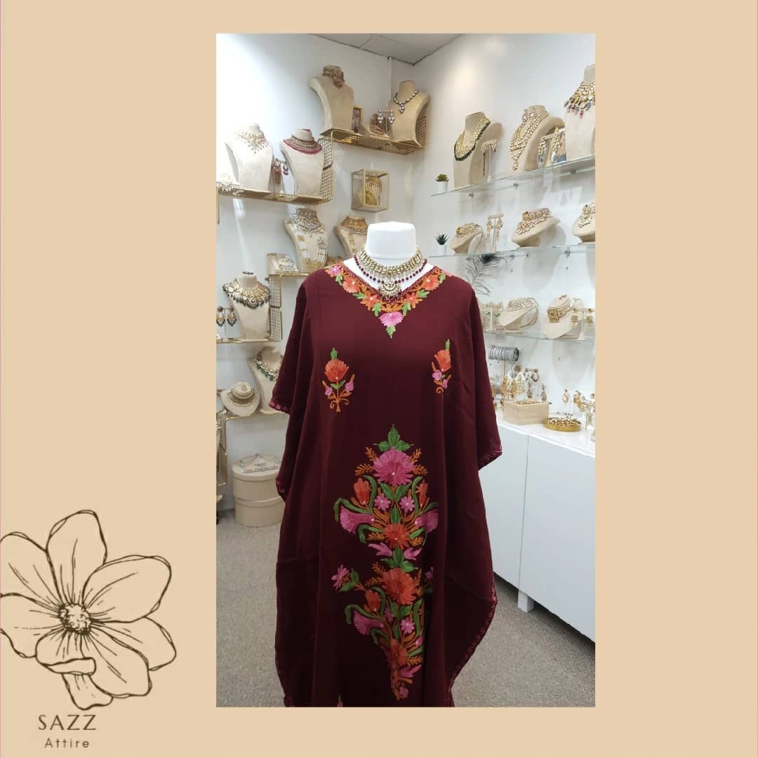 Burgundy Multi-Color Floral Embroidered Kashmiri Kaftan