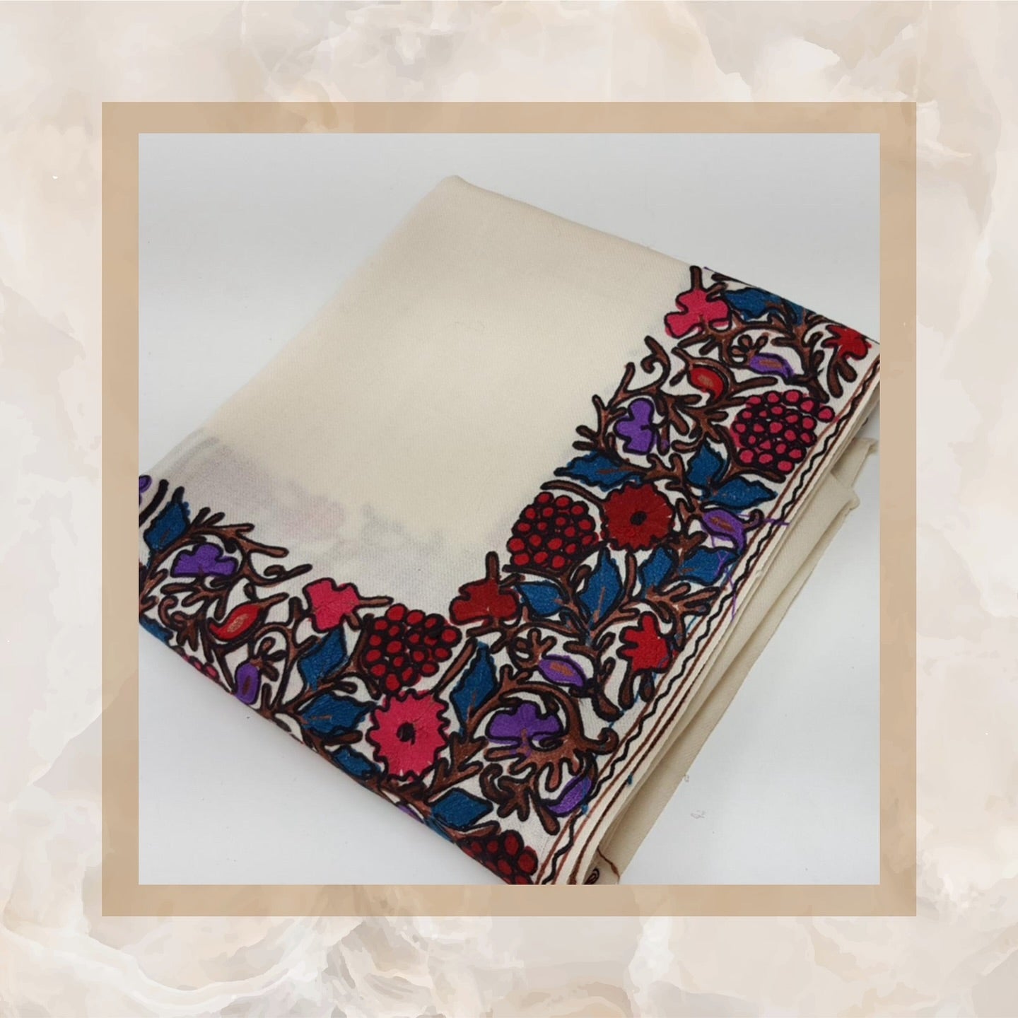 Artisanal Hand-Embroidered Cream Wrap with Vibrant Floral Corners