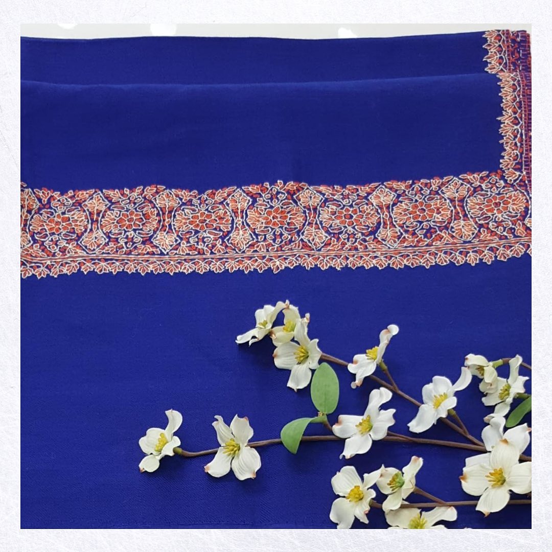 Royal Blue Pashmina Shawl with Intricate Floral Border Embroidery