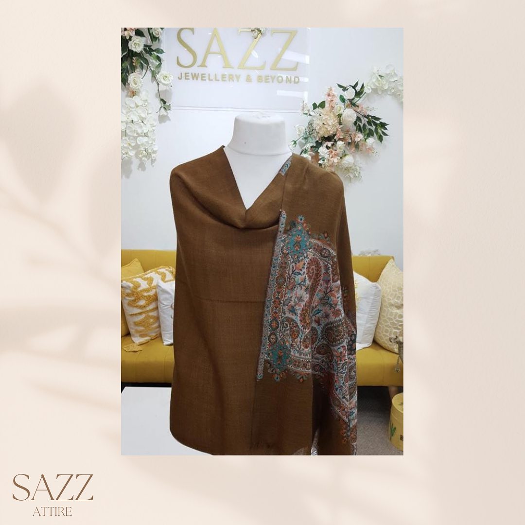 Walnut Brown Shawl with Exquisite Corner Paisley Embroidery