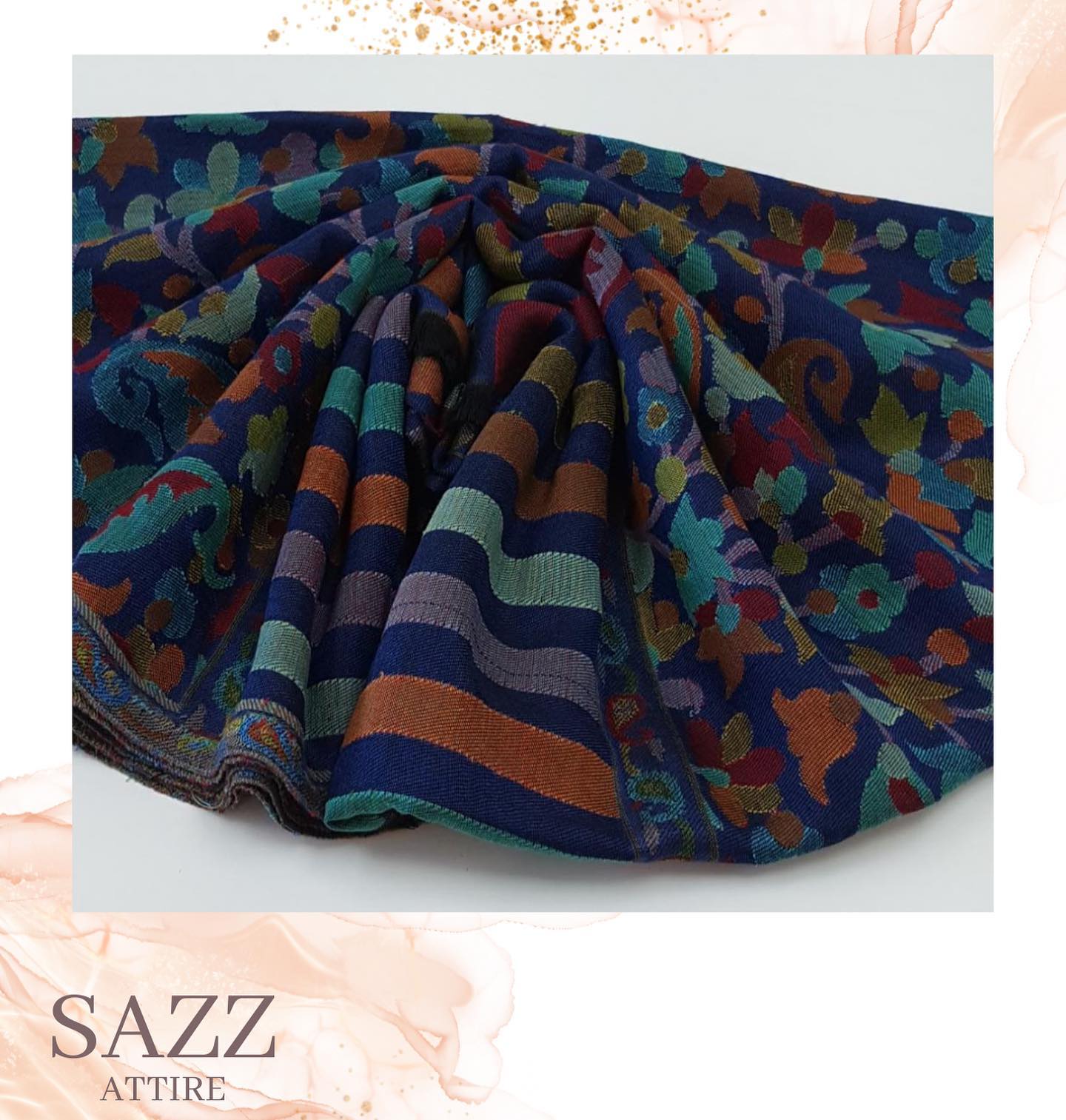 Deep Navy Reversible Jamawar Stole with Modern Striped Accents