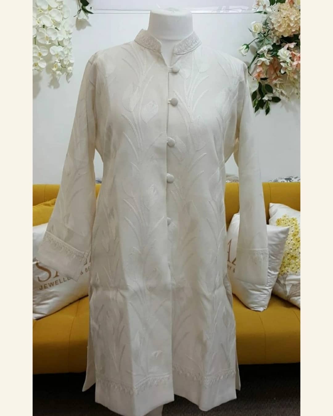 White Ivory Elegance Self-Embossed Long Jacket with Delicate Aari Trim