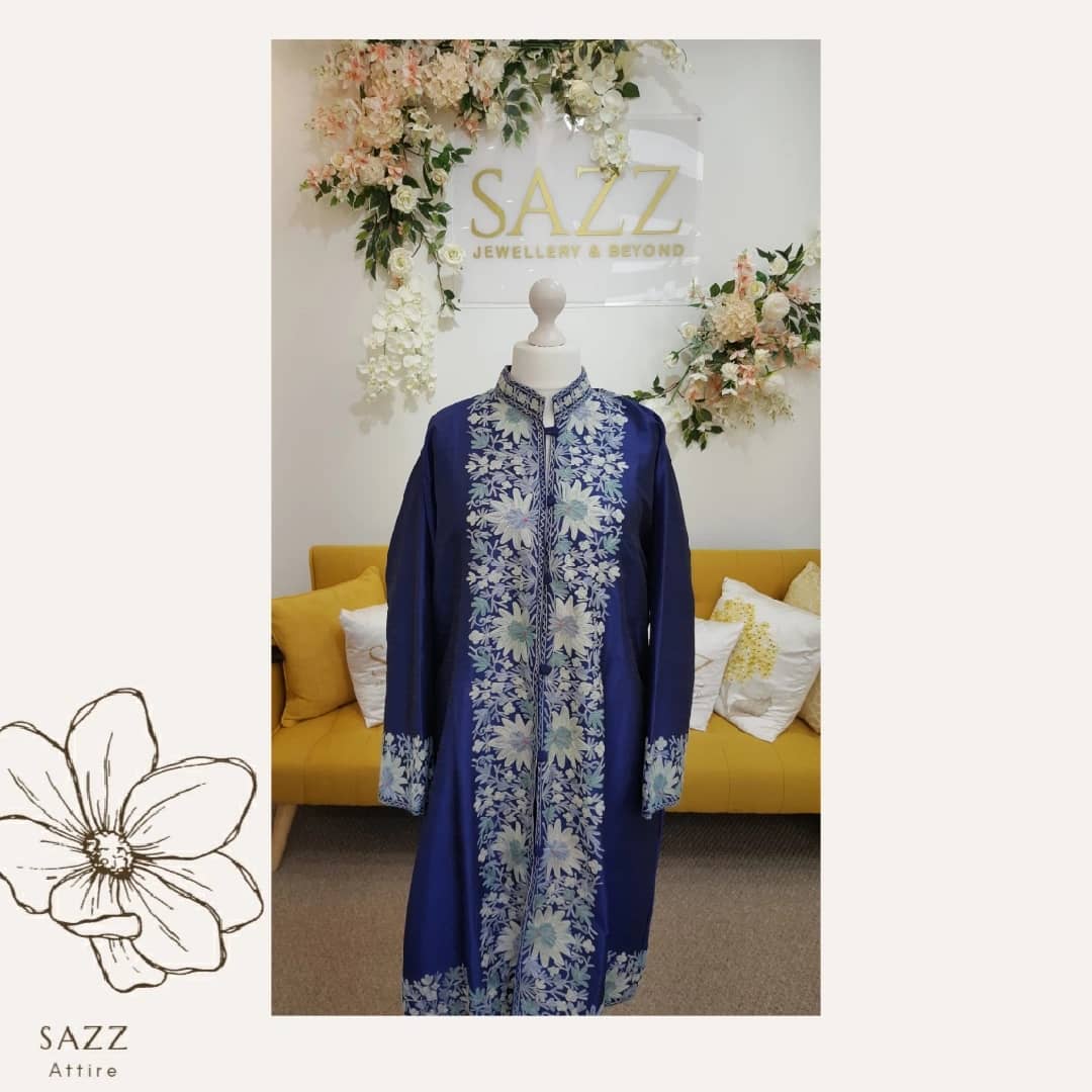 Royal Blue Silk-Finish Jacket with Ice Blue & White Aari Embroidery