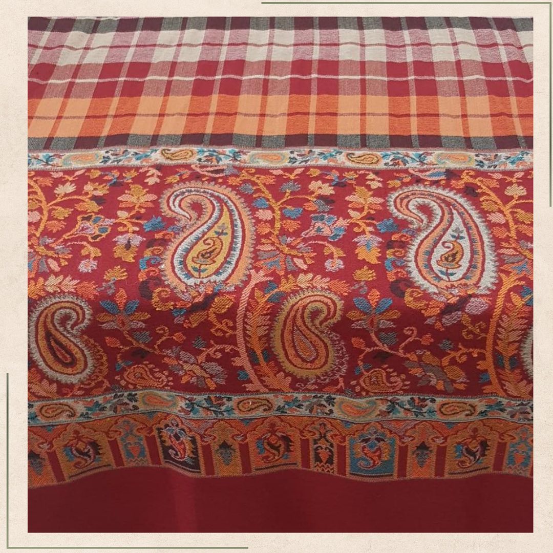 Traditional Maroon Kashmiri Kani Style Shawl with Plaid & Paisley Pattern