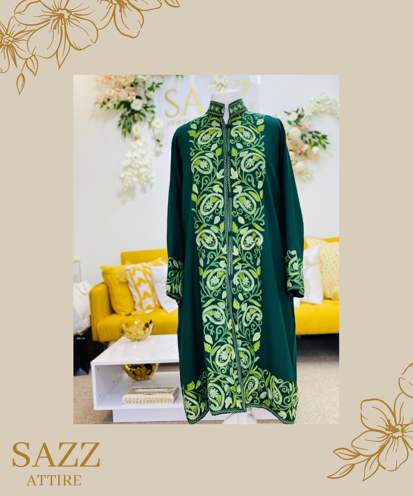 Emerald Green Aari Embroidered Long Jacket – Lime Paisley Contrast