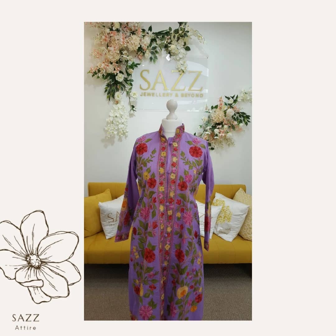 Lavender Lilac Long Jacket with Multi-Color Summer Floral Embroidery