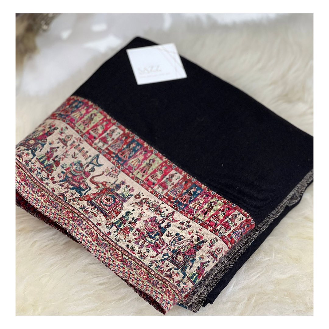 Black Woolen Stole with Traditional Mughal Darbar Border