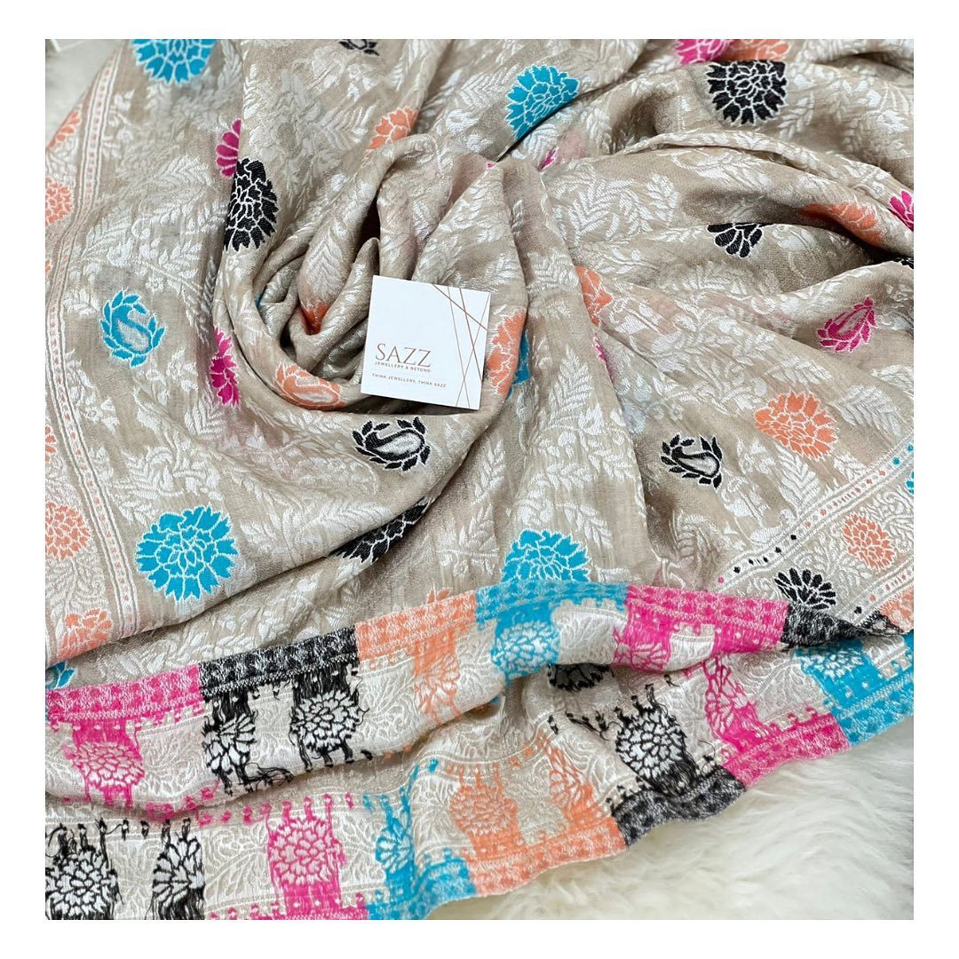 Beige Silk Blend Wrap with Vibrant Multi-Color Floral Bootis