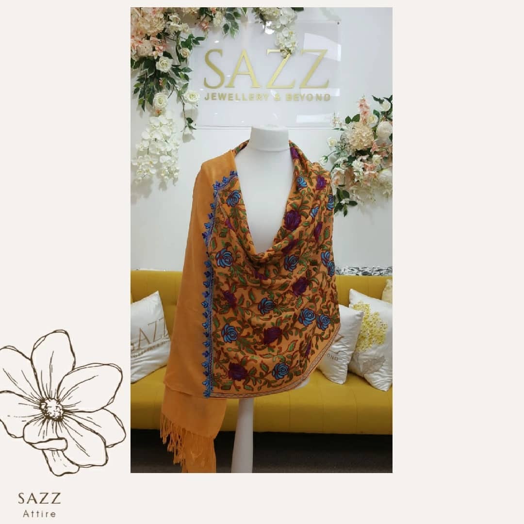 Ochre Mustard Pashmina Shawl with Blue and Purple Floral Motif