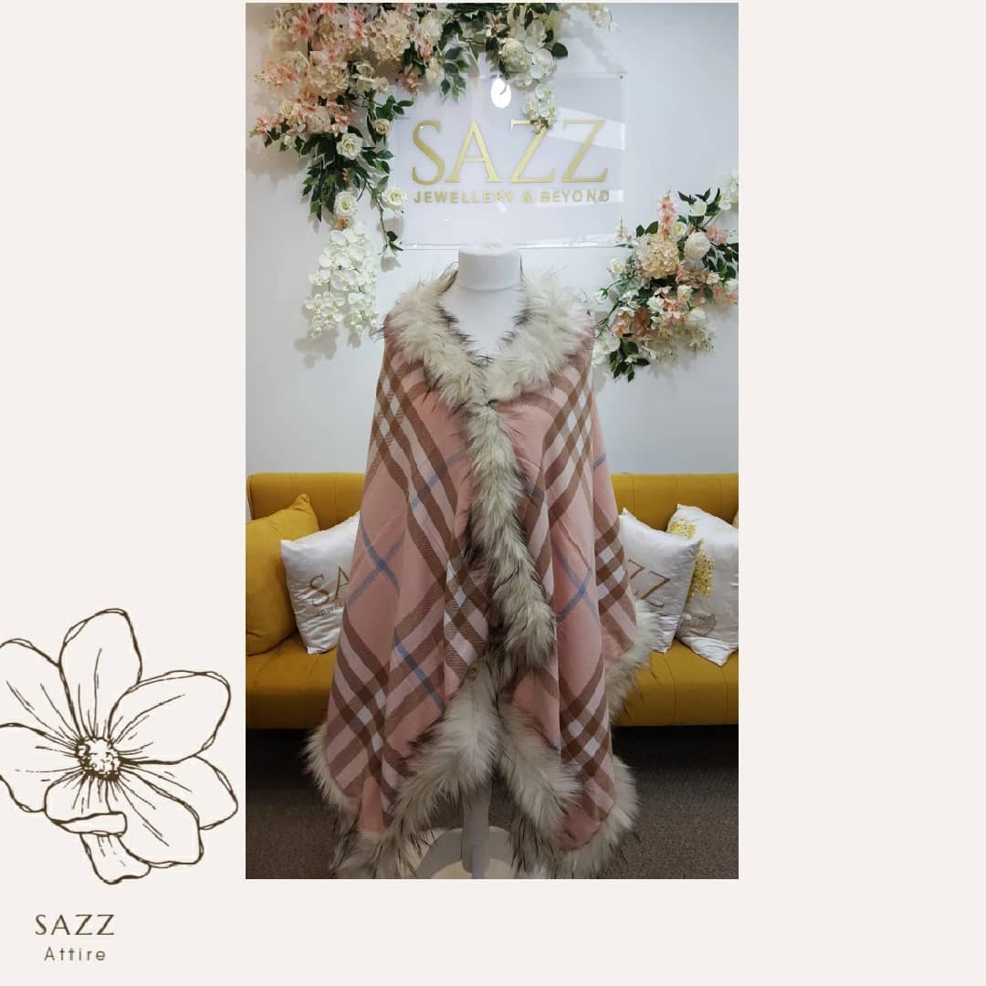 Blush Pink Plaid Cape with Faux Fur Trim
