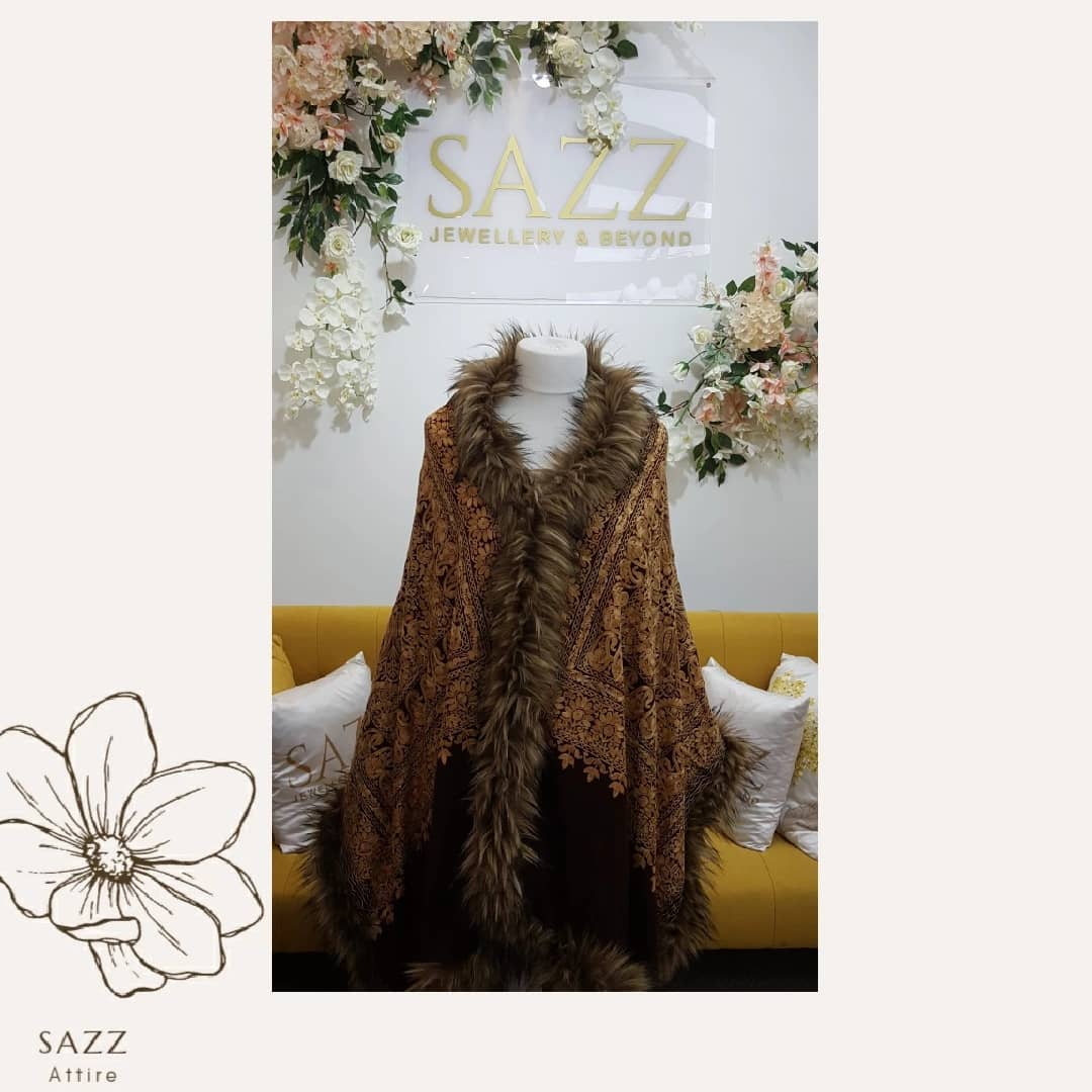 Chocolate Brown Embroidered Winter Cape with Plush Fur Collar