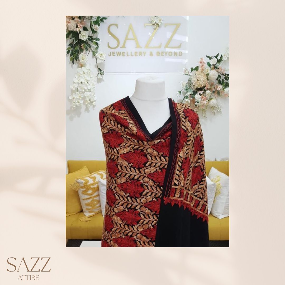 Bold Red & Black Heavy Embroidery Statement Shawl