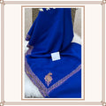 Deep Cobalt Blue Shawl with Single Paisley Corner Motif & Geometric Border