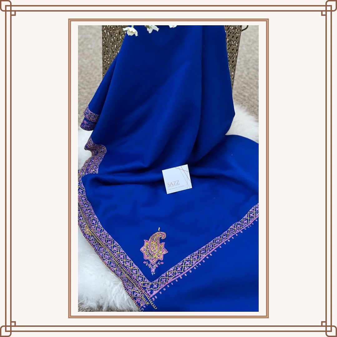 Deep Cobalt Blue Shawl with Single Paisley Corner Motif & Geometric Border