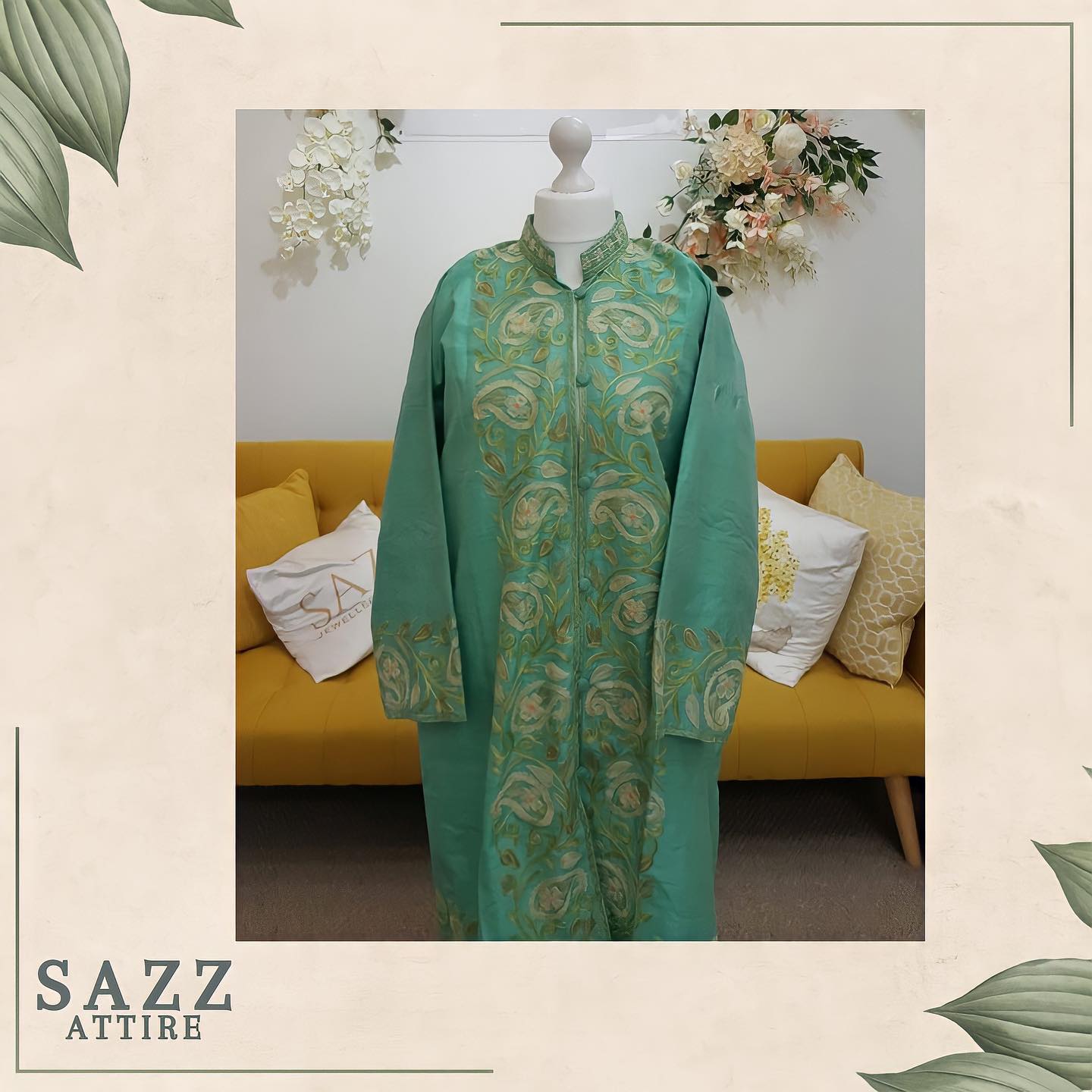 Seafoam Green Silk-Finish Long Jacket with Pastel Aari Embroidery