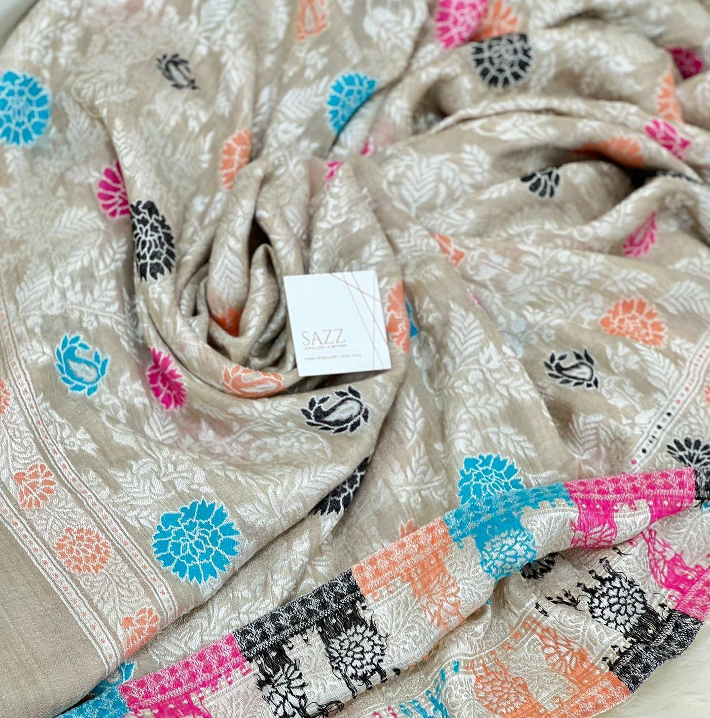 Beige Silk Blend Wrap with Vibrant Multi-Color Floral Bootis