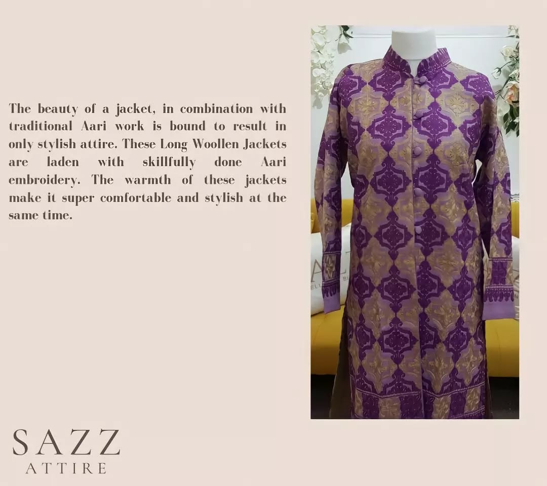 Royal Purple Aari Embroidered Woolen Long Jacket – Geometric Damask Motif
