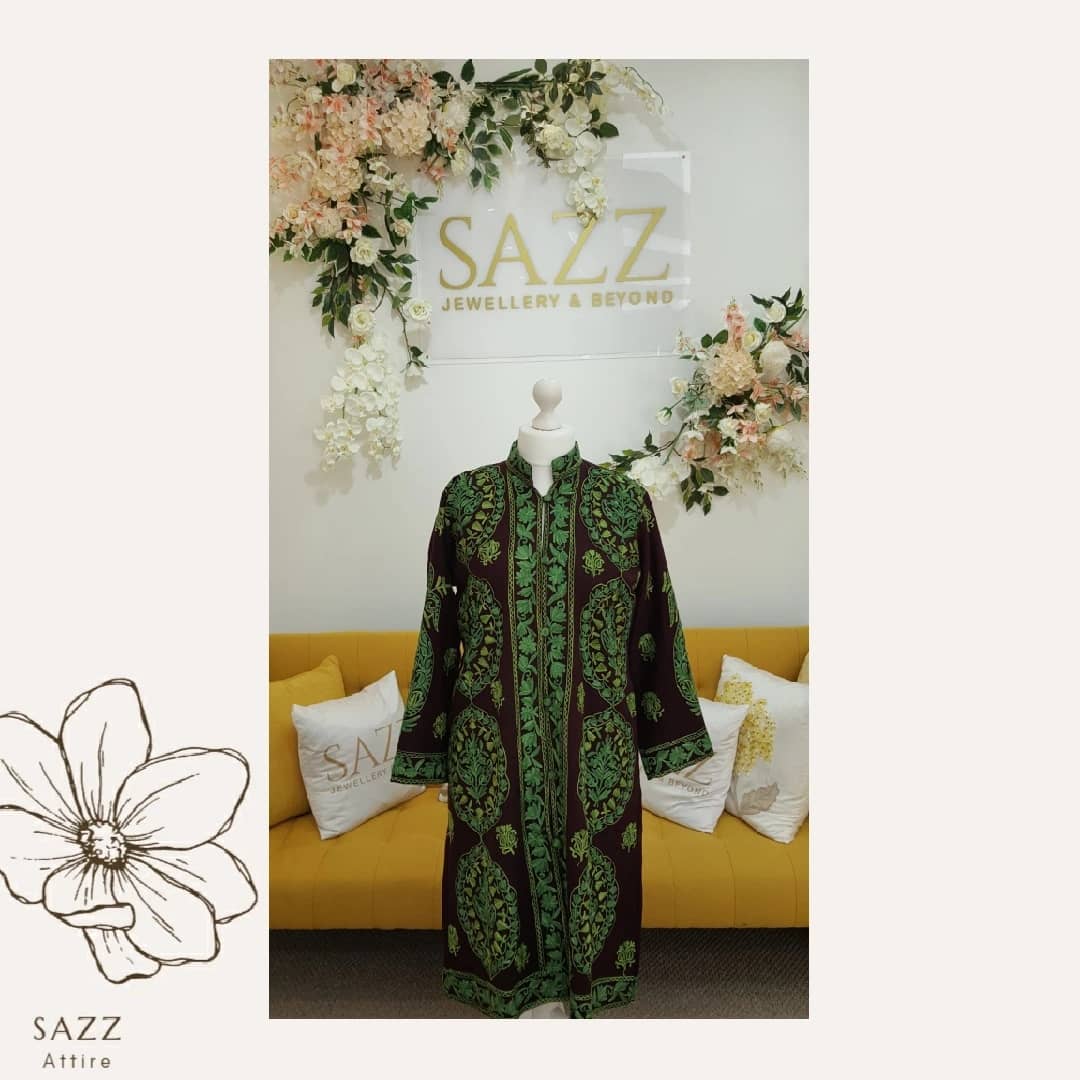 Deep Wine Aari Embroidered Long Jacket with Vivid Green Floral Accents