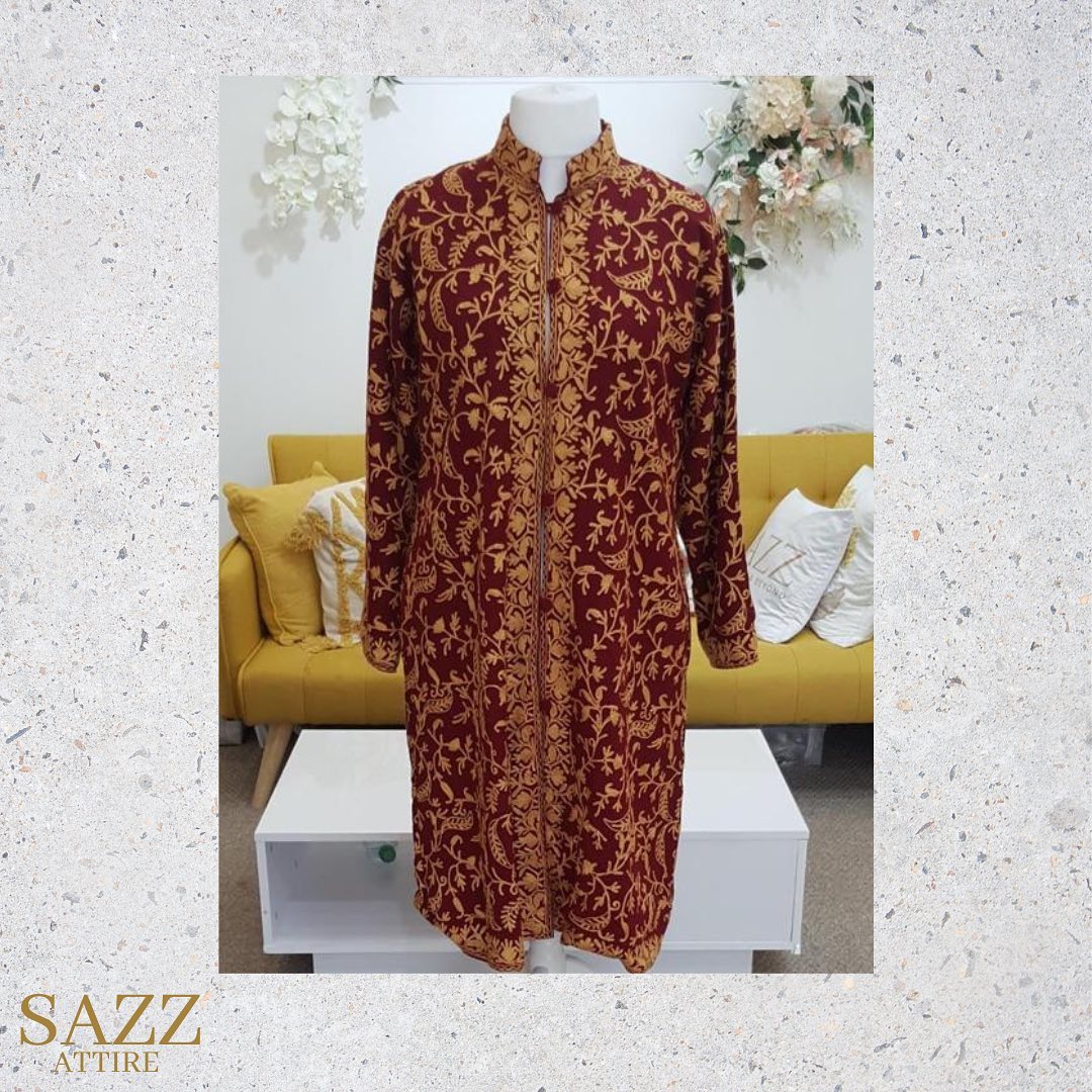Classic Maroon & Gold Aari Vine Embroidered Long Woolen Jacket