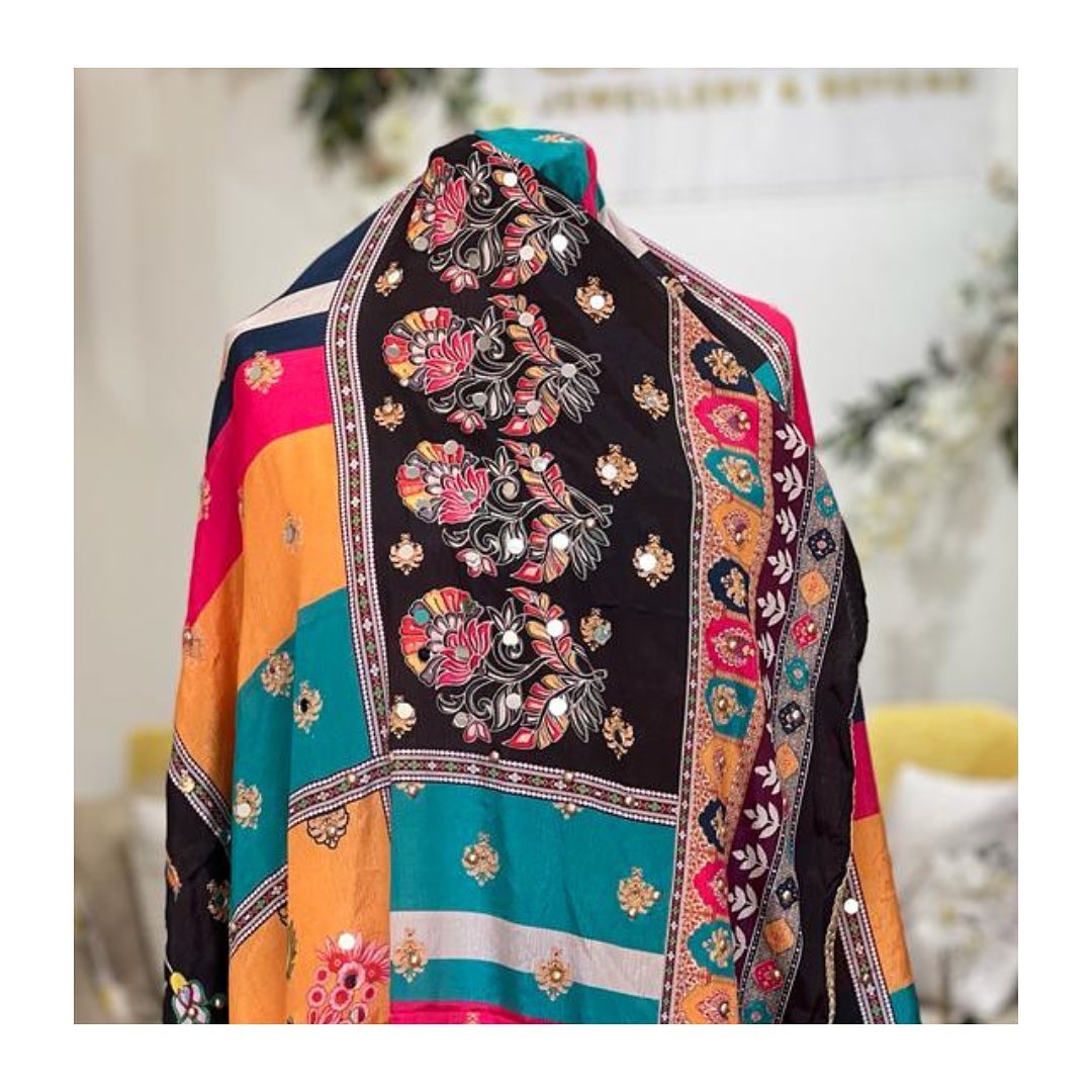 Bold Black & Teal Color-Block Phulkari Shawl with Gold Threadwork