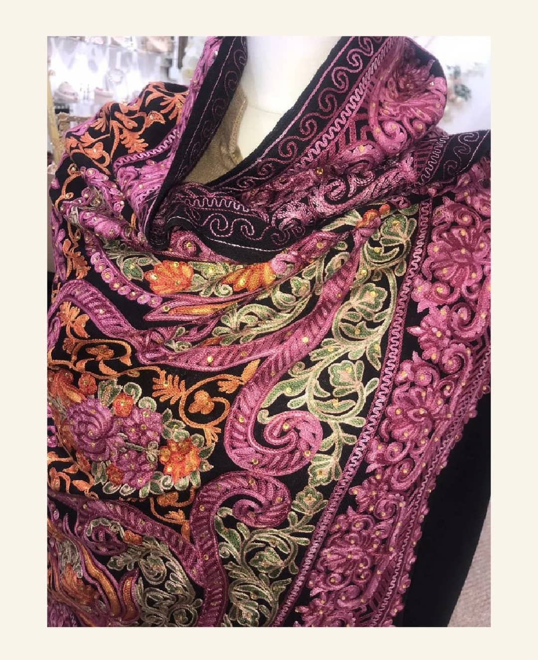 Royal Black & Magenta Aari Work Embroidered Luxury Shawl
