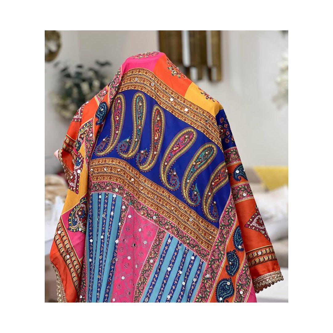 Royal Blue & Orange Paisley Patchwork Phulkari Shawl with Mirror Work