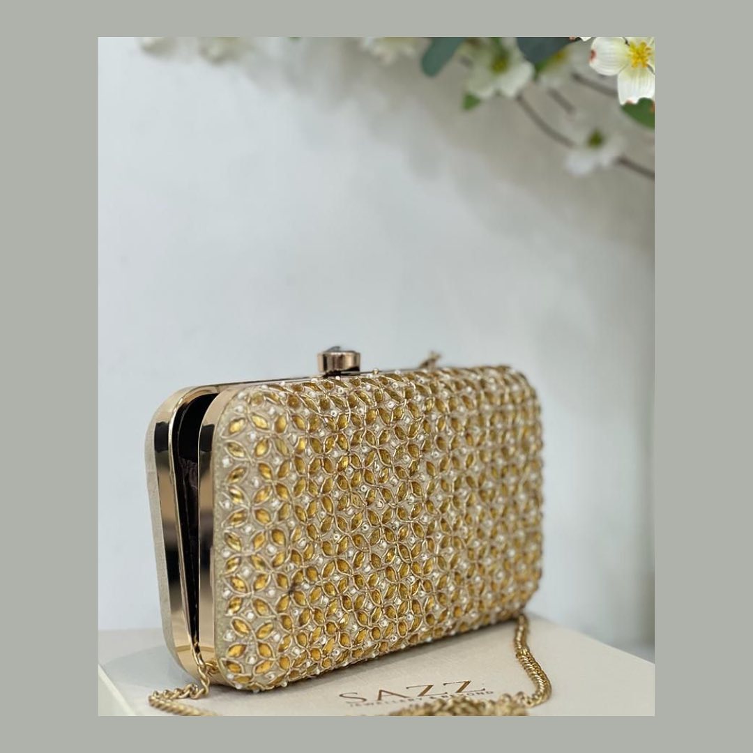 Gilded Mosaic Crystal Box Clutch with Gold-Tone Frame and Chain