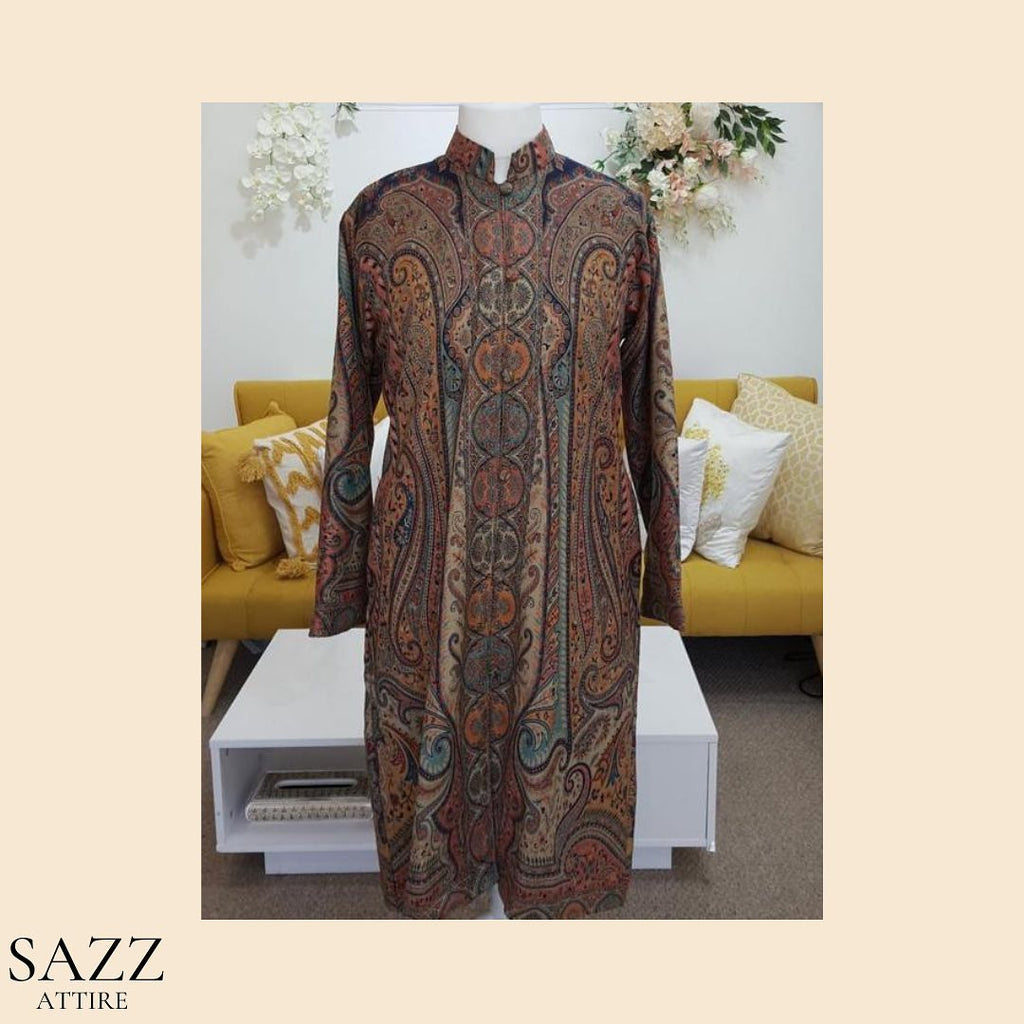 Traditional Kani Embroidered Long Woolen Jacket – Earthy Multi-Tones
