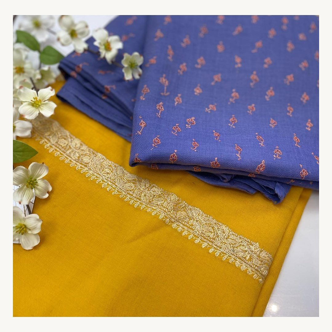 Mustard & Periwinkle Dual-Tone Shawl Set with Gold Tilla Embroidery