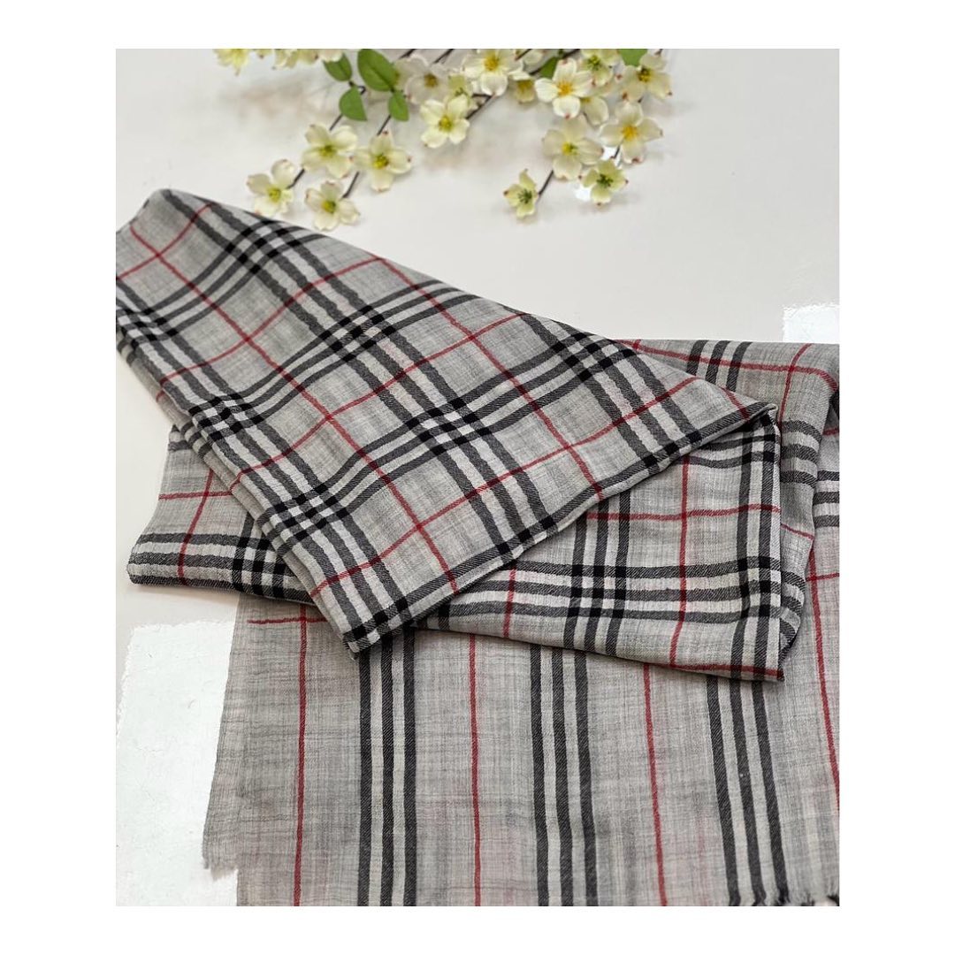 Grey Plaid Checkered Wool Scarf with Red Accent Stripes