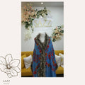 Sky Blue Floral Embroidered Poncho with Signature Grey Fur Trim