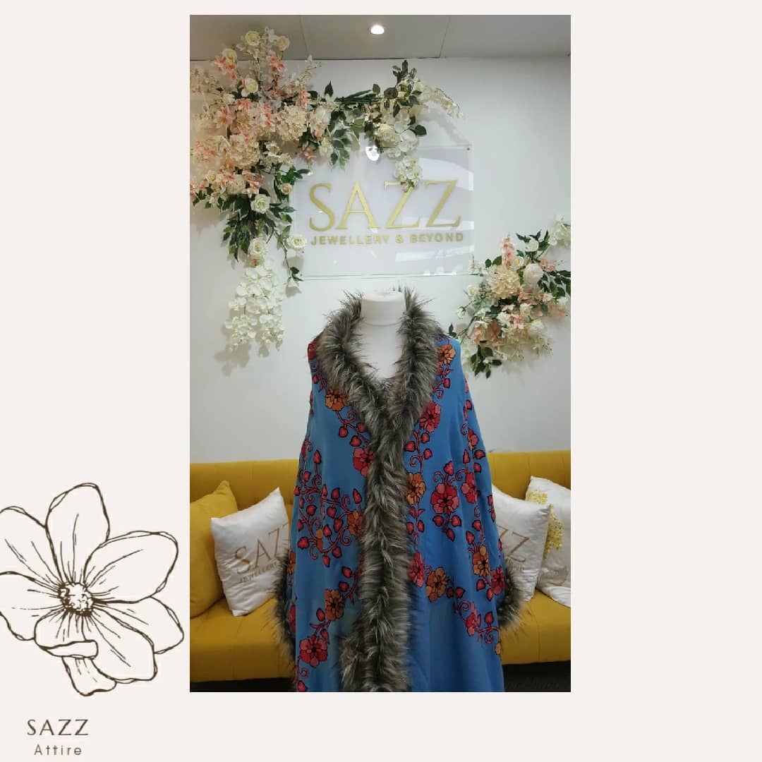 Sky Blue Floral Embroidered Poncho with Signature Grey Fur Trim