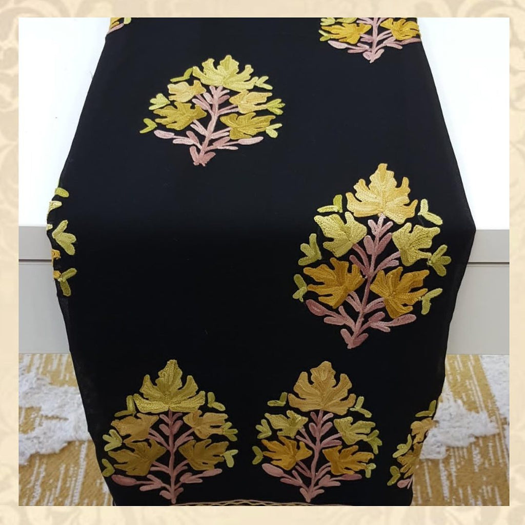 Jet Black Georgette Saree with Golden-Yellow Maple Leaf Embroidery