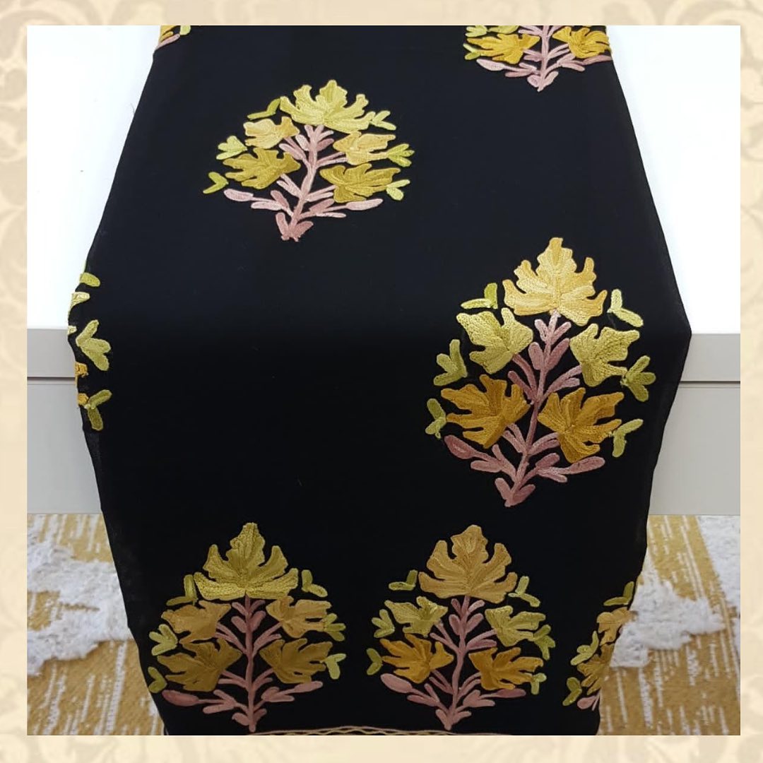 Jet Black Georgette Saree with Golden-Yellow Maple Leaf Embroidery